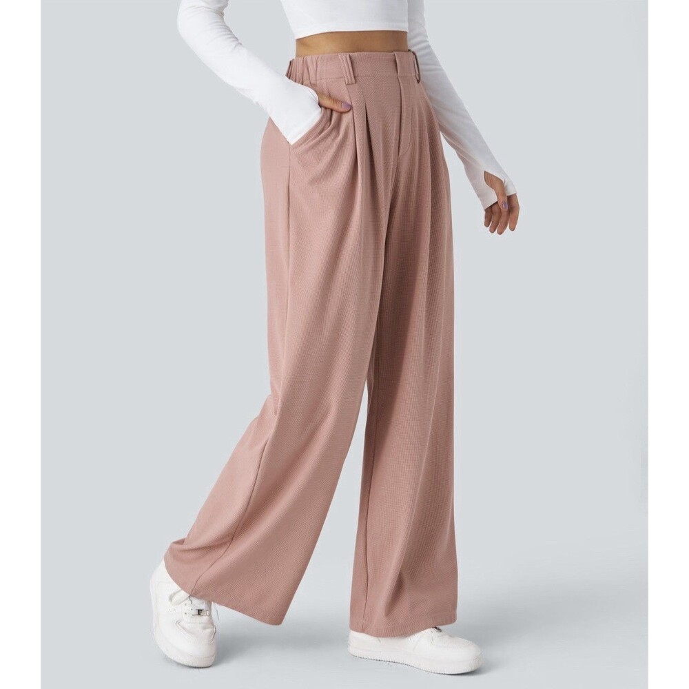 Halara Women's Pink Petites PS High Rise Pleated Wide-Leg Pants Pockets